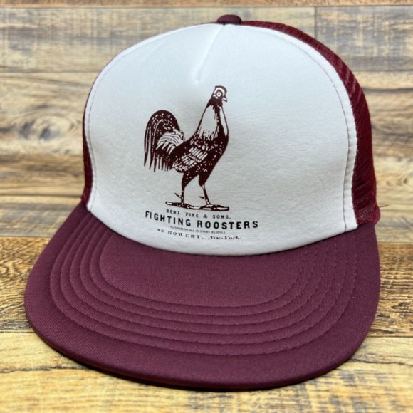 Retro Fighting Rooster Men's Trucker Hat Maroon Flat Brim hat New York Mesh Eyeb